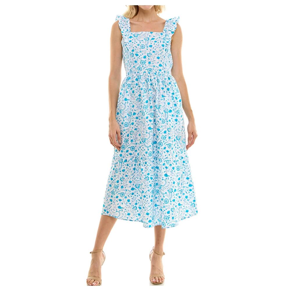 Draper James Blue Floral Cottagecore Square Neck‎ Cotton Midi Dress Women's M